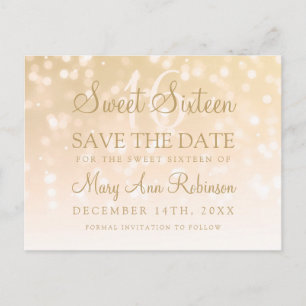Sweet 16 Save The Date Gold Bokeh Sparkle Lights Announcement Postcard