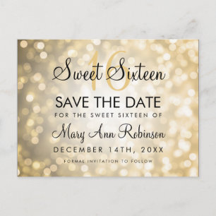 Sweet 16 Save The Date Gold Glitter Lights Announcement Postcard