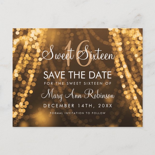 Sweet 16 "Save The Date" Gold String Lights Announcement Postcard (Front)