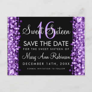 Sweet 16 Save The Date Purple Party Sparkles Announcement Postcard