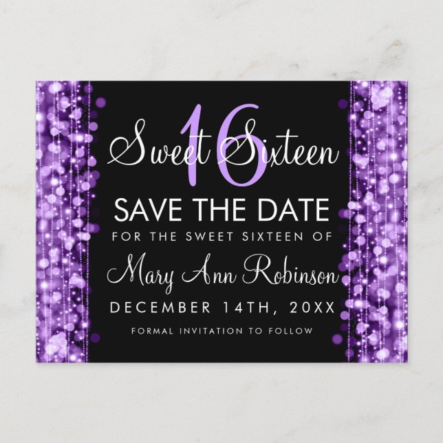 Sweet 16 Save The Date Purple Party Sparkles Announcement Postcard (Front)