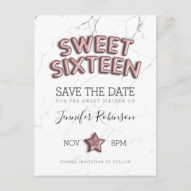 Sweet 16 Save The Date Rose Gold Balloons Glitter Announcement Postcard (Front)