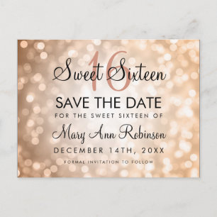 Sweet 16 Save The Date Rose Gold Glitter Lights Announcement Postcard