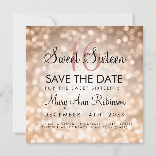 Sweet 16 Save The Date Rose Gold Glitter Lights Invitation (Front)