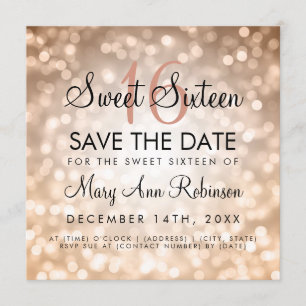 Sweet 16 Save The Date Rose Gold Glitter Lights Invitation