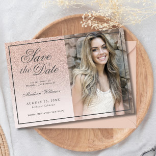 Sweet 16 Save The Date Rose Gold Glitter Photo