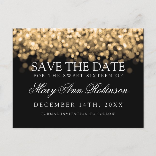 Sweet 16 Save The Date Shimmering Gold Lights Announcement Postcard (Front)