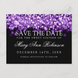 Sweet 16 Save The Date Shimmering Purple Lights Announcement Postcard