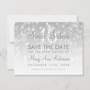 Sweet 16 Save The Date Silver Bokeh Sparkle Lights