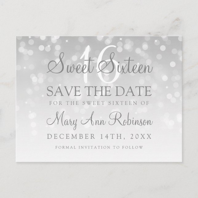 Sweet 16 Save The Date Silver Bokeh Sparkle Lights Announcement Postcard (Front)