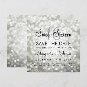 Sweet 16 Save The Date Silver Glitter Lights Invitation