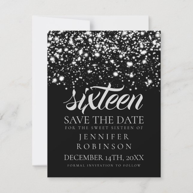 Sweet 16 "Save The Date" Silver Midnight Glam Save The Date (Front)