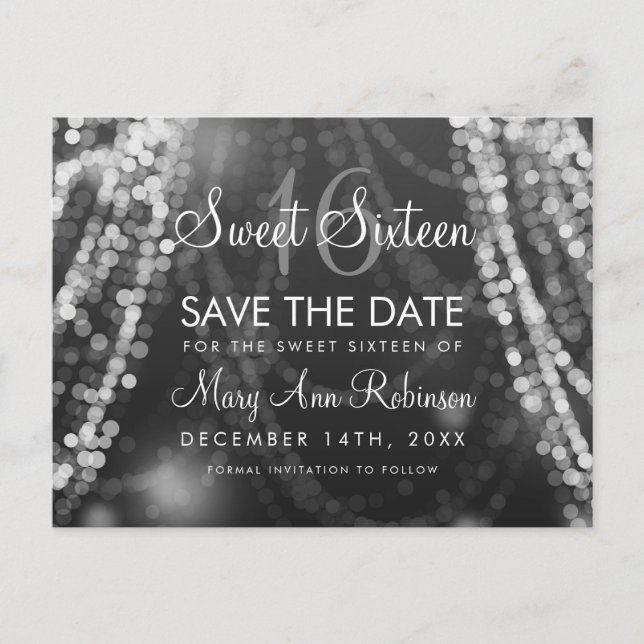 Sweet 16 "Save The Date" Silver String Lights Announcement Postcard (Front)
