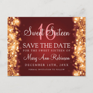 Sweet 16 "Save The Date" Sparkling Lights Gold Red Announcement Postcard