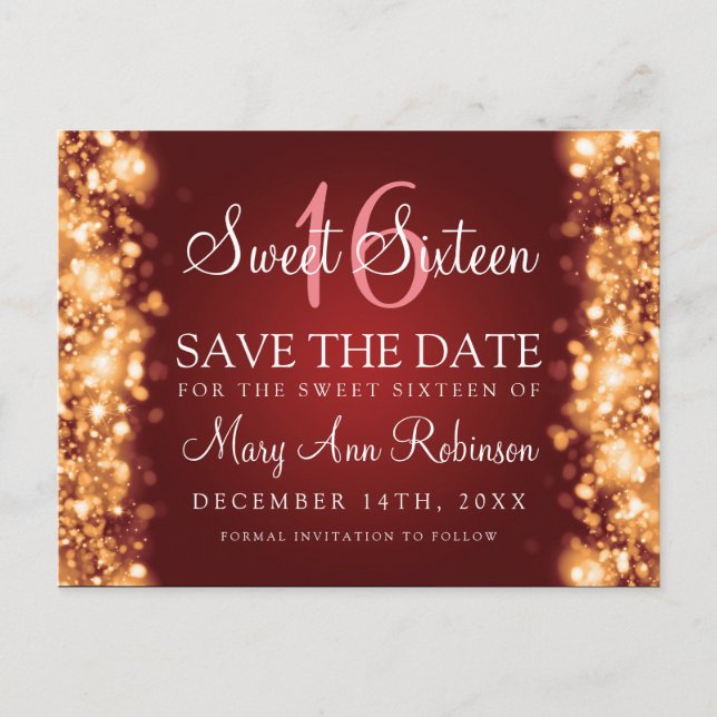 Sweet 16 "Save The Date" Sparkling Lights Gold Red Announcement Postcard (Front)
