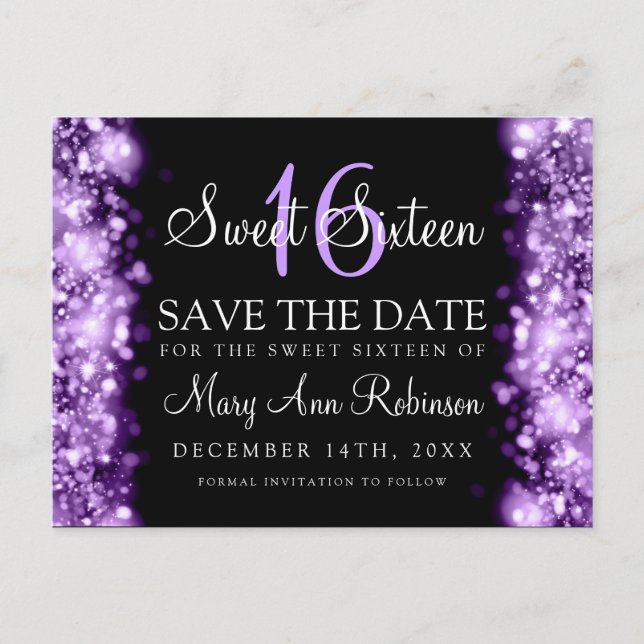 Sweet 16 "Save The Date" Sparkling Lights Purple Announcement Postcard (Front)