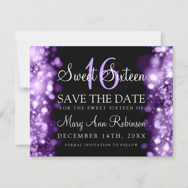 Sweet 16 "Save The Date" Sparkling Lights Purple Save The Date (Front)