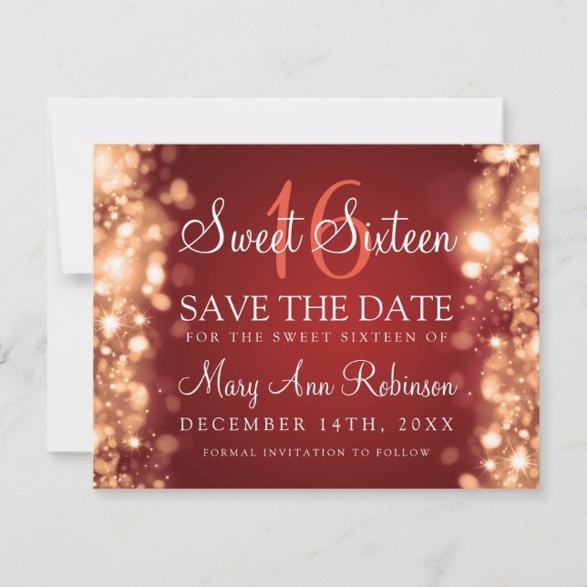 Sweet 16 "Save The Date" Sparkling Lights Red Gold Save The Date (Front)