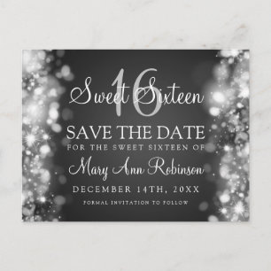 Sweet 16 "Save The Date" Sparkling Lights Silver Announcement Postcard