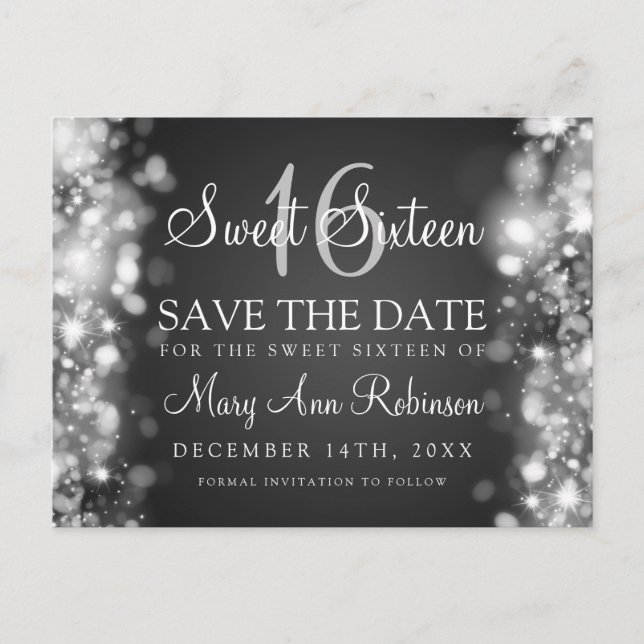 Sweet 16 "Save The Date" Sparkling Lights Silver Announcement Postcard (Front)