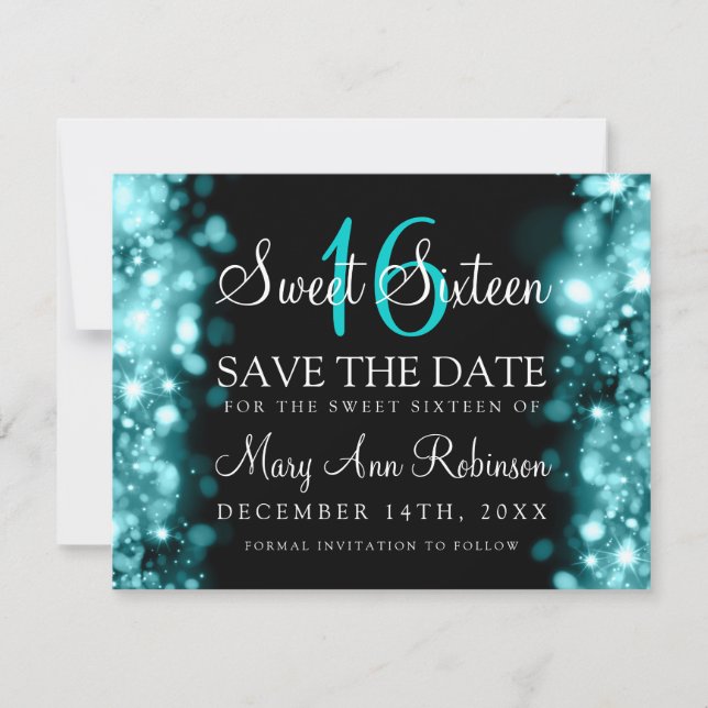 Sweet 16 Save The Date Sparkling Lights Teal Blue (Front)