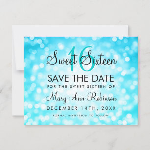 Sweet 16 Save The Date Teal Blue Glitter Lights