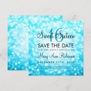 Sweet 16 Save The Date Turquoise Glitter Lights Invitation
