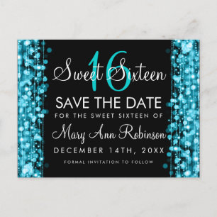 Sweet 16 Save The Date Turquoise Party Sparkles Announcement Postcard