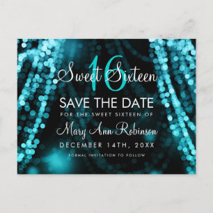 Sweet 16 "Save The Date" Turquoise String Lights Announcement Postcard