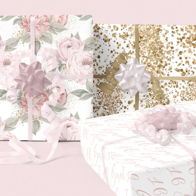  Sweet 16 Script Elegant Gold Glitter Peony Floral Wrapping Paper Sheet (Creator Uploaded)