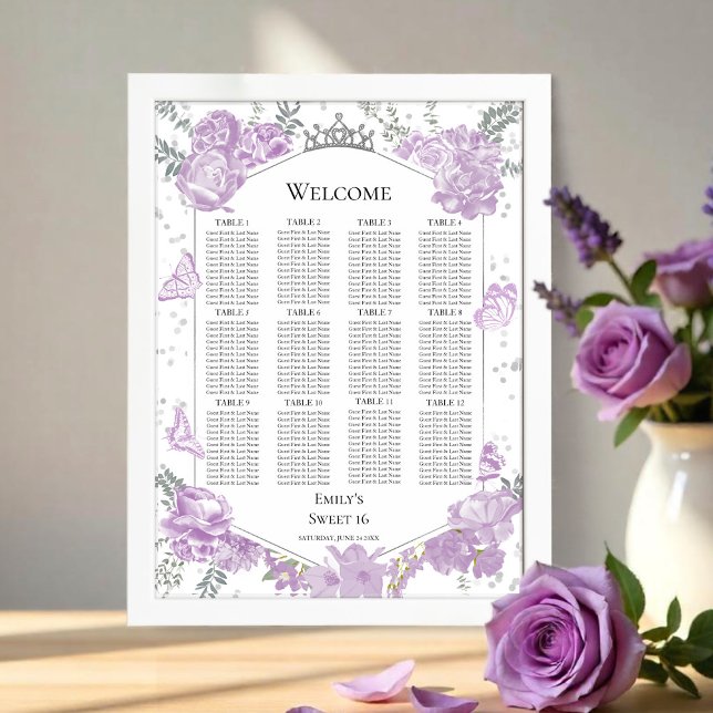 Sweet 16 Seating Chart Sign Lavender Butterflys (Creator Uploaded)