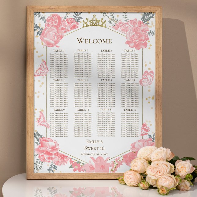Sweet 16 Seating Chart Sign Pink Butterflys  (Creator Uploaded)