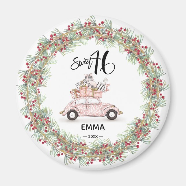 Sweet 16 Signature Script Car Greenery Holiday Magnet (Front)
