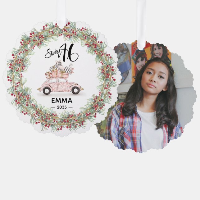 Sweet 16 Signature Script Car Photo Greenery Tree Decoration Card (Front/Back)