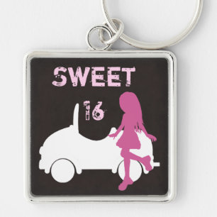 Sweet 16 Silhouette Girl and Car Pink and Brown Key Ring