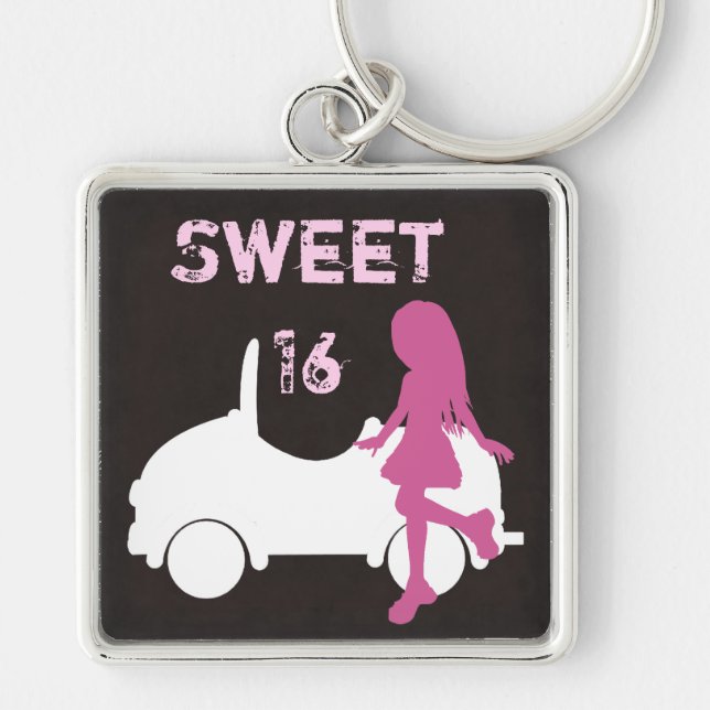 Sweet 16 Silhouette Girl and Car Pink and Brown Key Ring (Front)