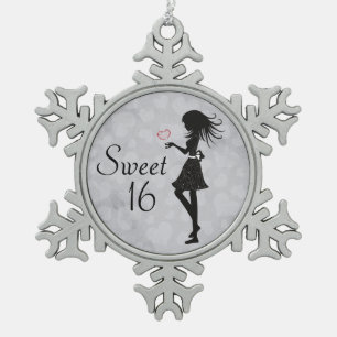 Sweet 16 Silhouette Girl and Hearts Sweet Sixteen Snowflake Pewter Christmas Ornament