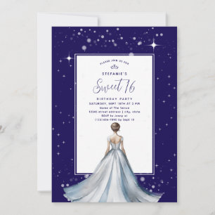 Sweet 16 Silver Ball Gown Dress Navy Blue Birthday Invitation