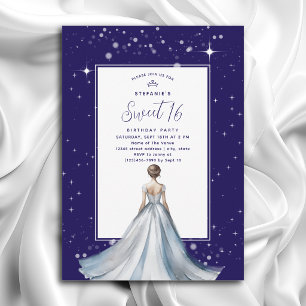 Sweet 16 Silver Ball Gown Dress Navy Blue Birthday Invitation