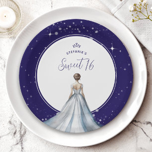Sweet 16 Silver Ball Gown Dress Navy Blue Birthday Paper Plate