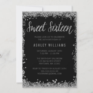 Sweet 16 Silver Black Faux Glitter Birthday Invitation