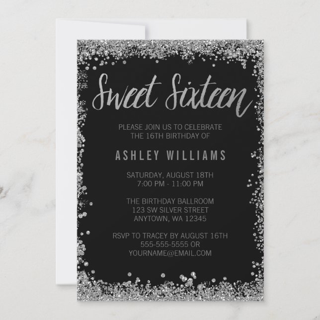 Sweet 16 Silver Black Faux Glitter Birthday Invitation (Front)