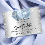 Sweet 16 silver blue balloons sparkles script save the date<br><div class="desc">A girly and trendy Save the Date card for a Sweet 16, 16th birthday party. A faux silver looking background decorated with faux silver glitter dust and blue balloons. Personalise and add a date and name/age. The text: Save the Date is written with a large trendy hand lettered style script....</div>