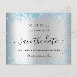 Sweet 16 silver blue budget save the date flyer