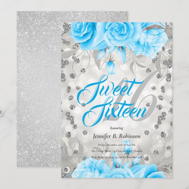 Sweet 16 | Silver Blue Floral Glitter | Birthday Invitation (Front/Back)
