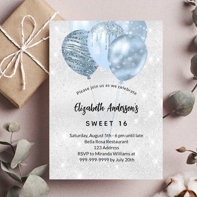 Sweet 16 silver blue glitter balloons glamourous invitation postcard (Creator Uploaded)