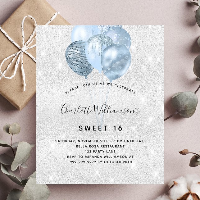 Sweet 16 silver blue glitter balloons invitation (Creator Uploaded)