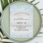 Sweet 16 silver blue glitter elegant party invitation<br><div class="desc">For an elegant Sweet 16,  16th birthday.  A faux silver metallic looking background.  Decorated with blue faux glitter dust. Personalise and add a name,  age and party details. The name is written with a hand lettered style script</div>