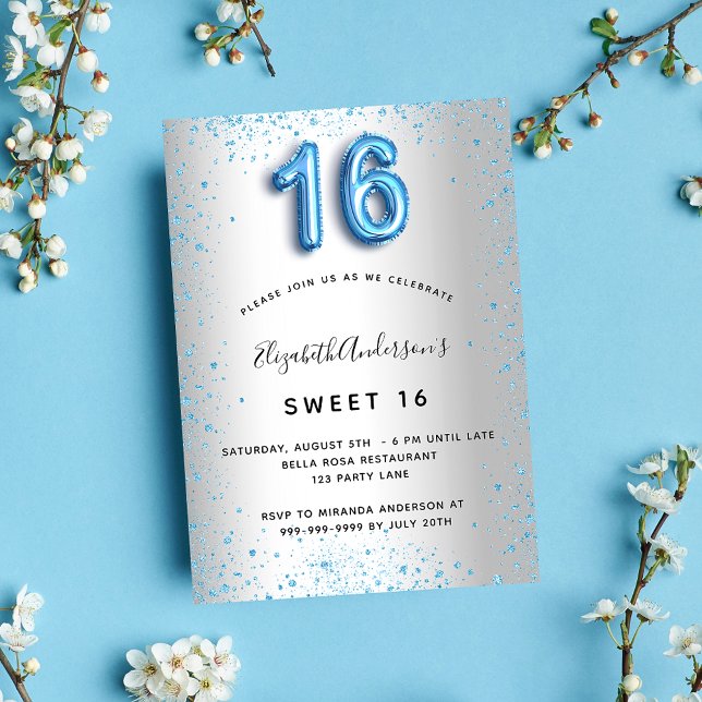 Sweet 16 silver blue glitter glamourous invitation (Creator Uploaded)