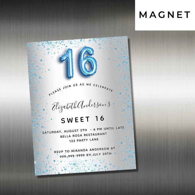 Sweet 16 silver blue glitter invitation magnet (Creator Uploaded)